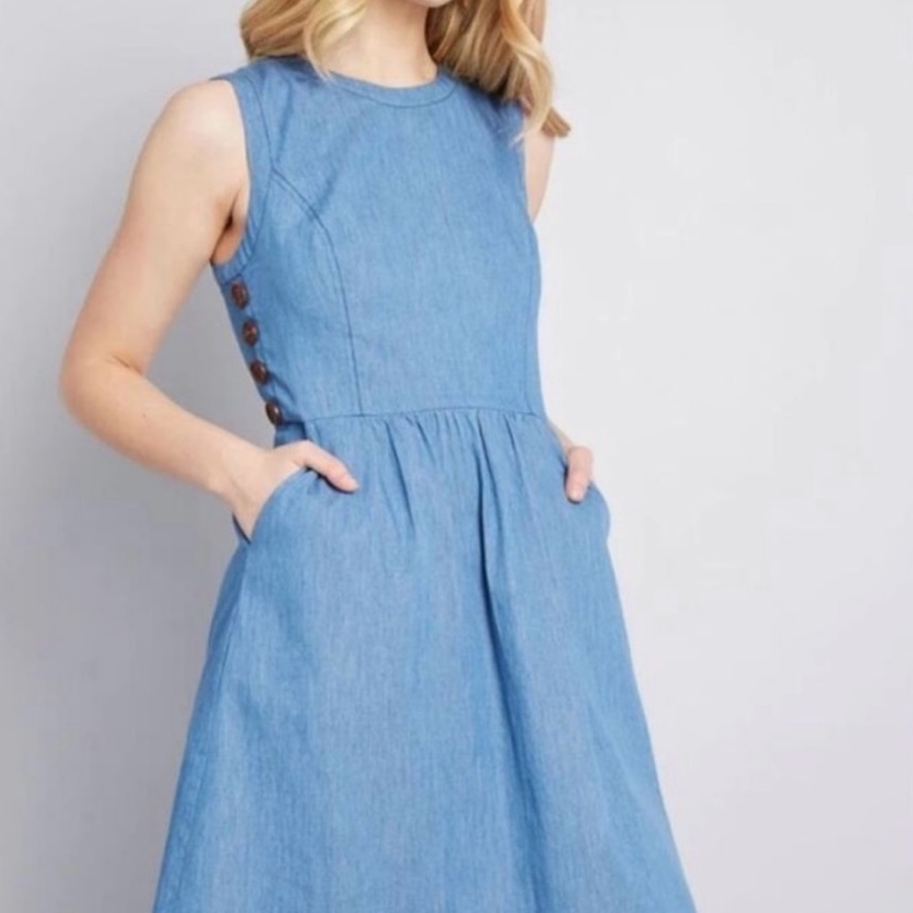 ModCloth Being Breezy A-Line Denim Chambray Button Side Sleeveless Dress 1X